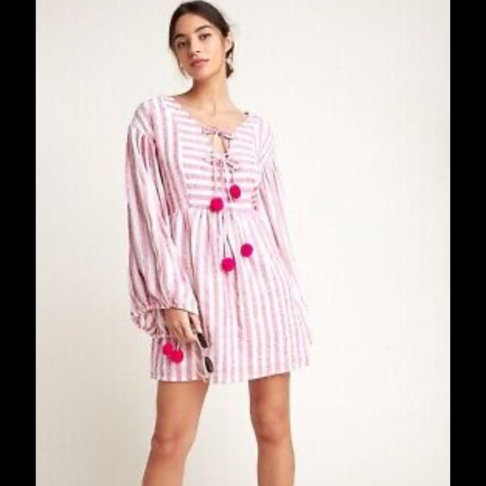 Anthropologie Monroe Sundress Dress Caftan size xs/s striped with pompoms euc